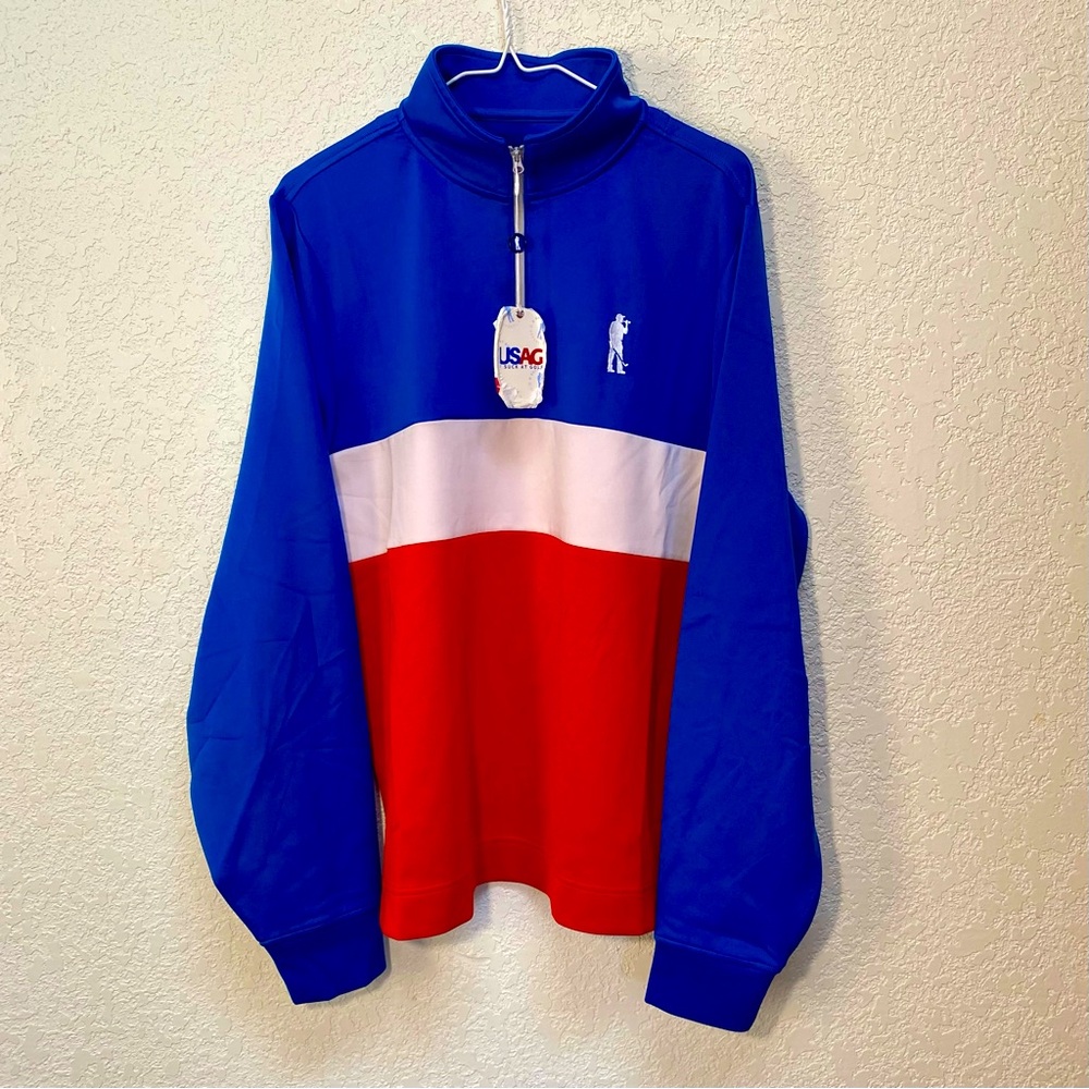 USAG U Suck At Golf Pullover Men’s M Red White Blue 1/4 Zip Performance Jacket